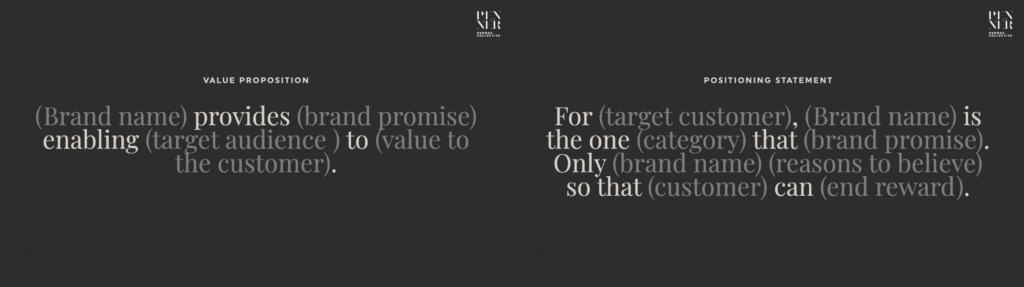 Structure of a value proposition and positioning statement for a brand strategy.